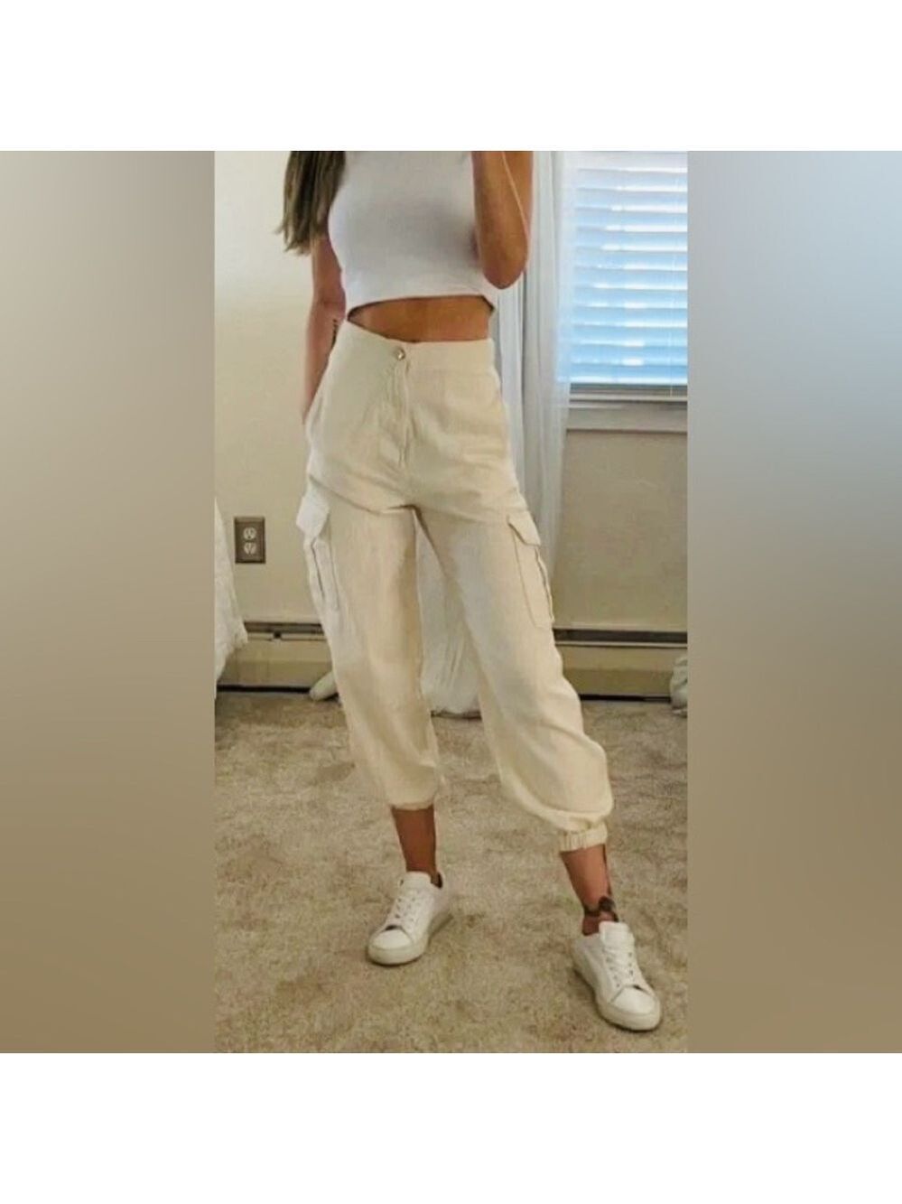 Zara Linen Cargo Jogger Pants In Cream
Size 6